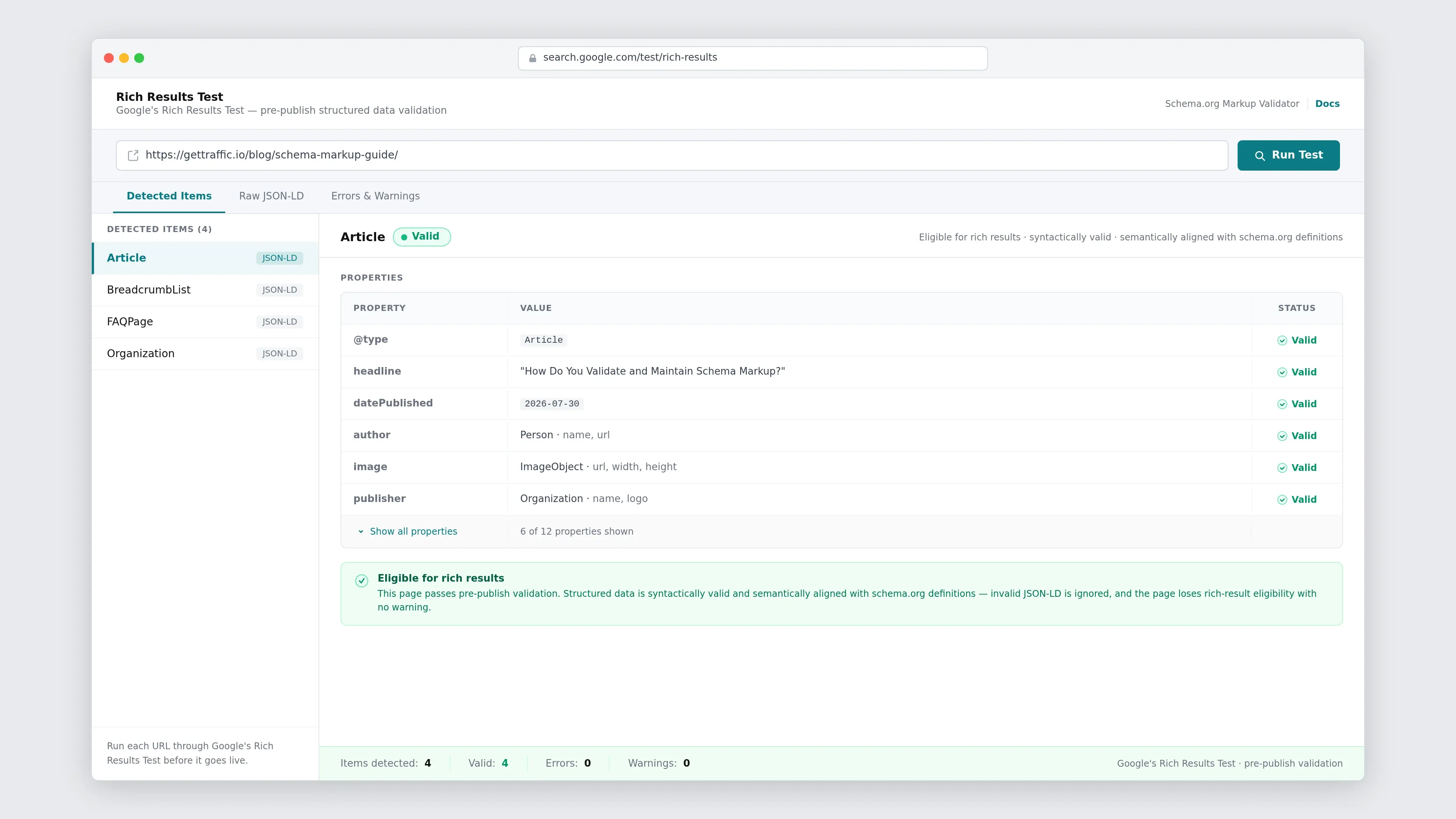 A structured-data validation tool mockup illustrating the pre-publish check every post should pass before going live.