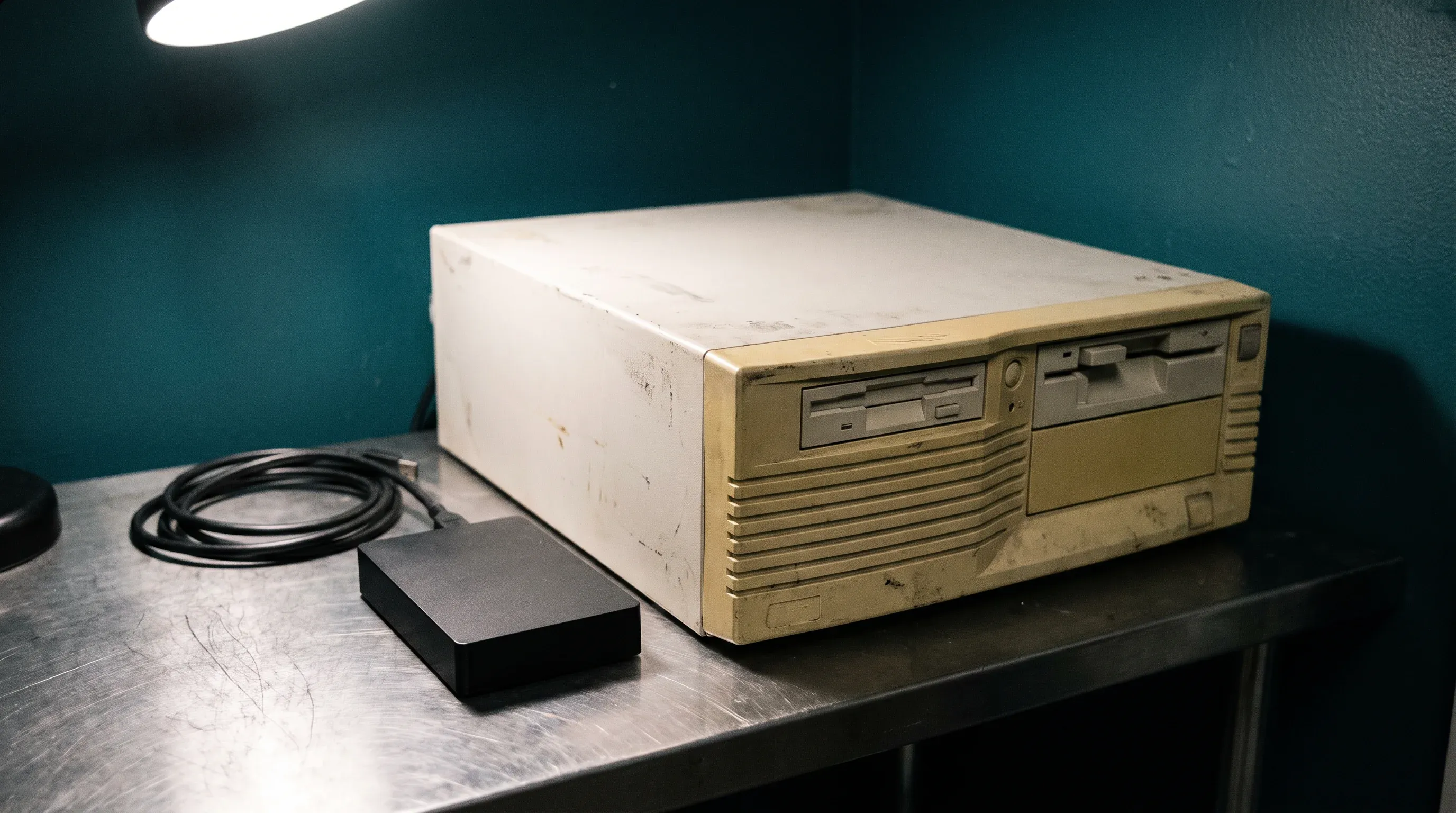Editorial scene of an aging legacy computer still in service, illustrating when a platform or legacy constraint can make inline Microdata or RDFa the pragmatic choice over JSON-LD.